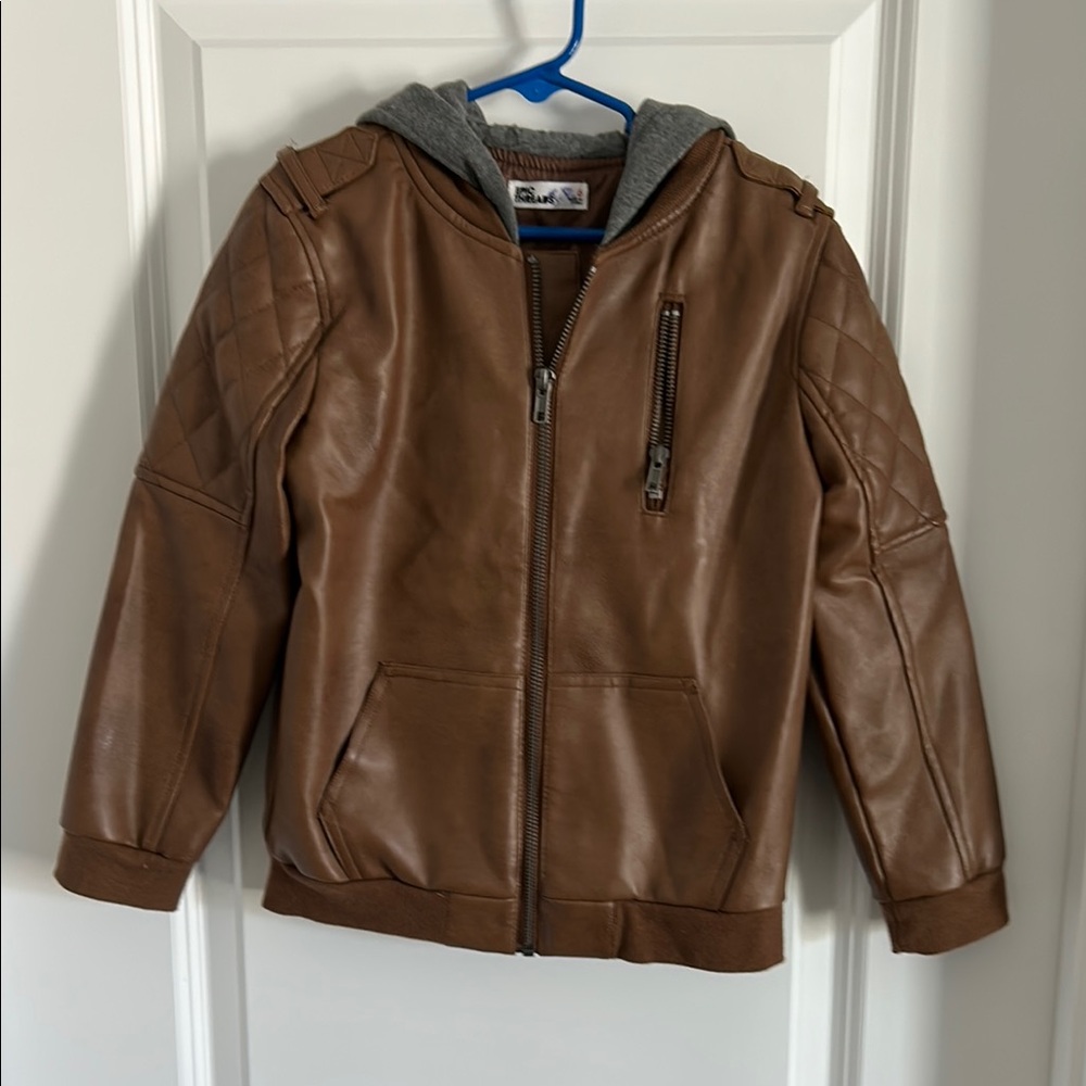 Epic Threads Brown Faux Leather Jacket with Gray Hood